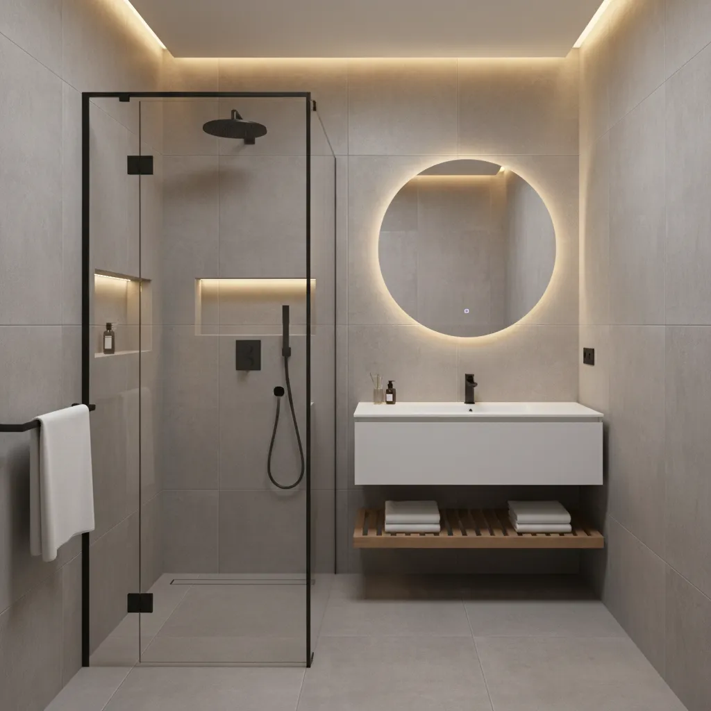 walk in shower design in a compact 9x5 bathroom remodel