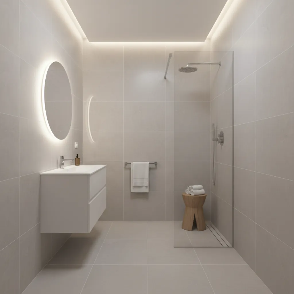 walk in glass shower in compact bathroom with large tiles