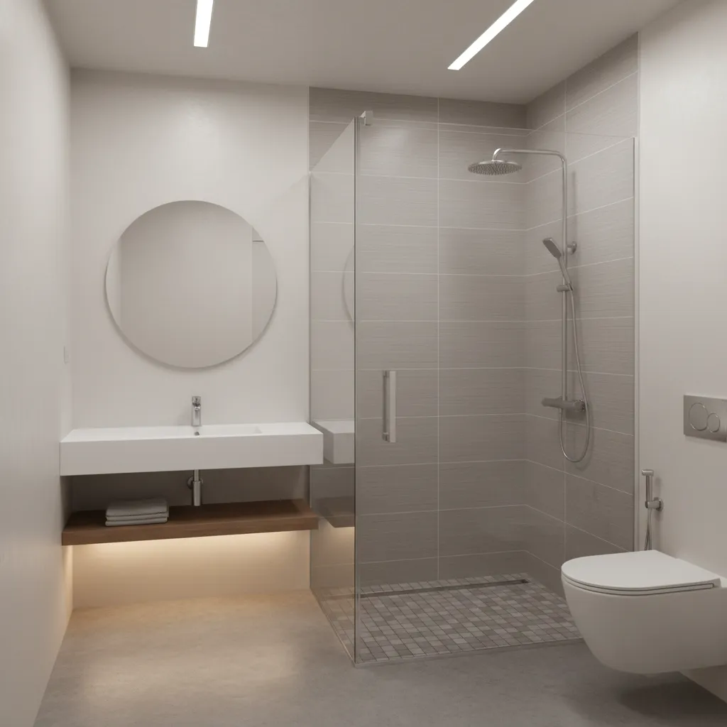 small walk in shower with frameless glass in compact bathroom