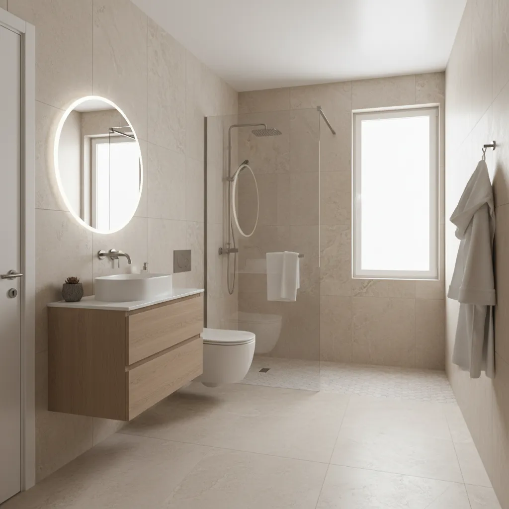 Small bathroom with walk in shower layout showing improved spacing
