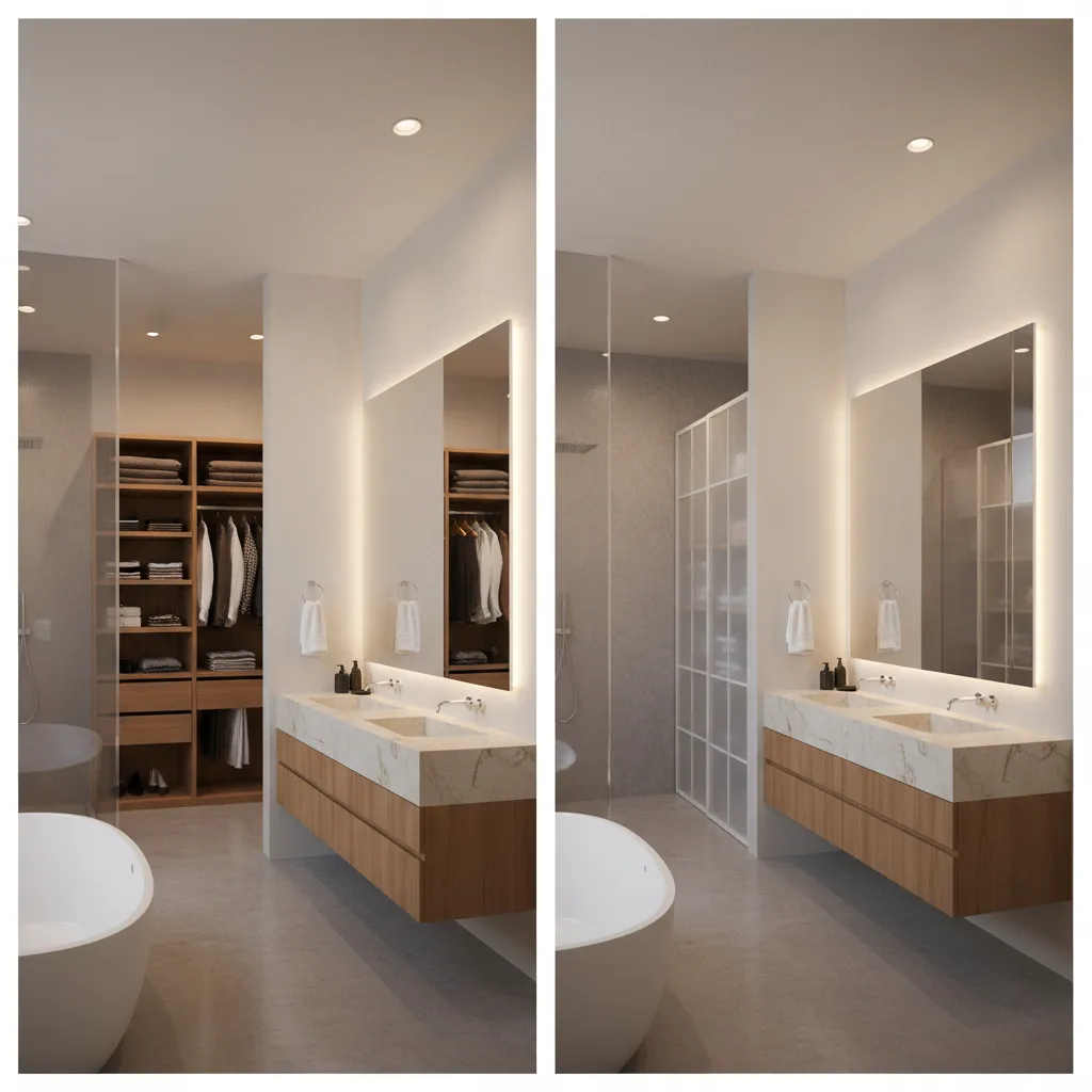 Walk In vs Reach In Bathroom Closets for a 15x11 Master Bathroom