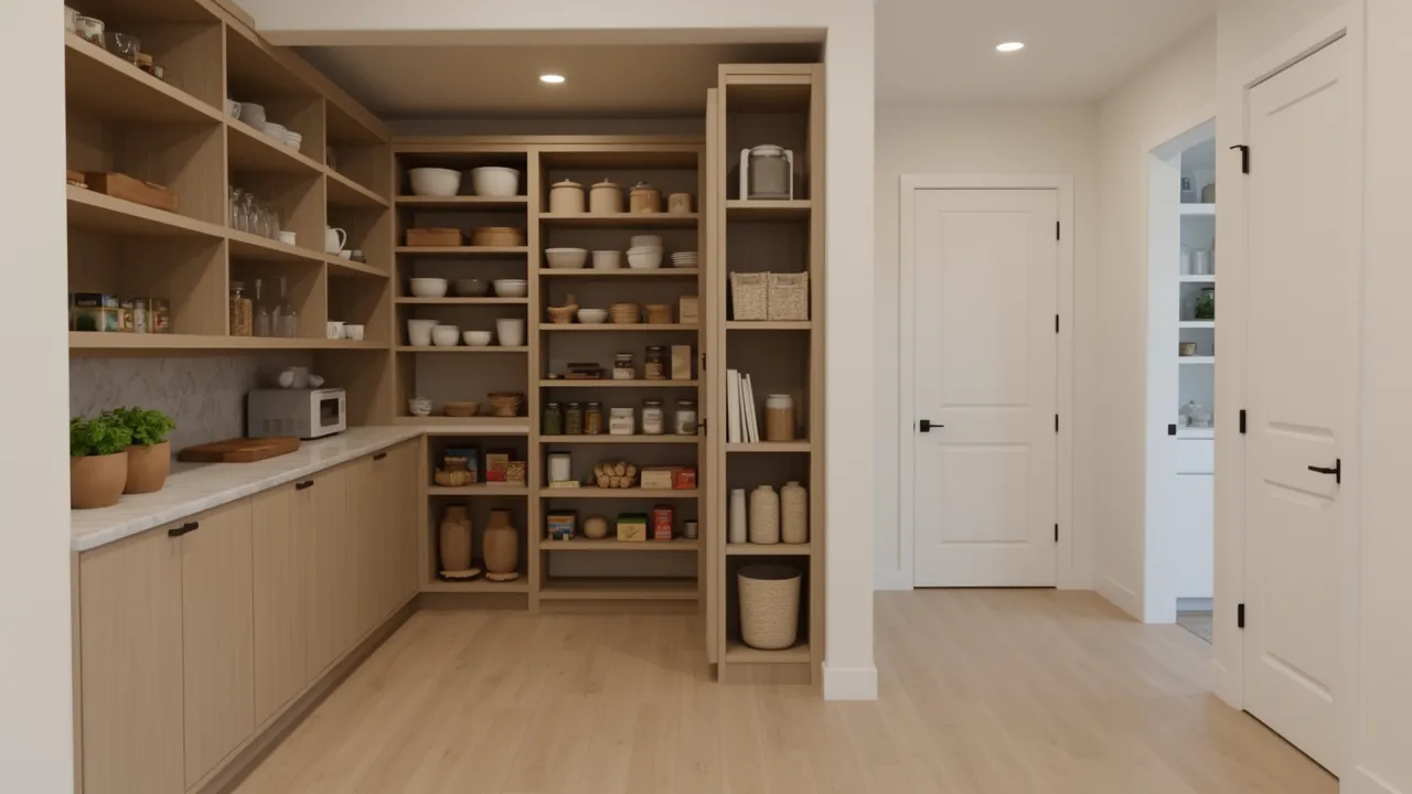 Walk through pantry connecting kitchen and hallway in a Dallas home