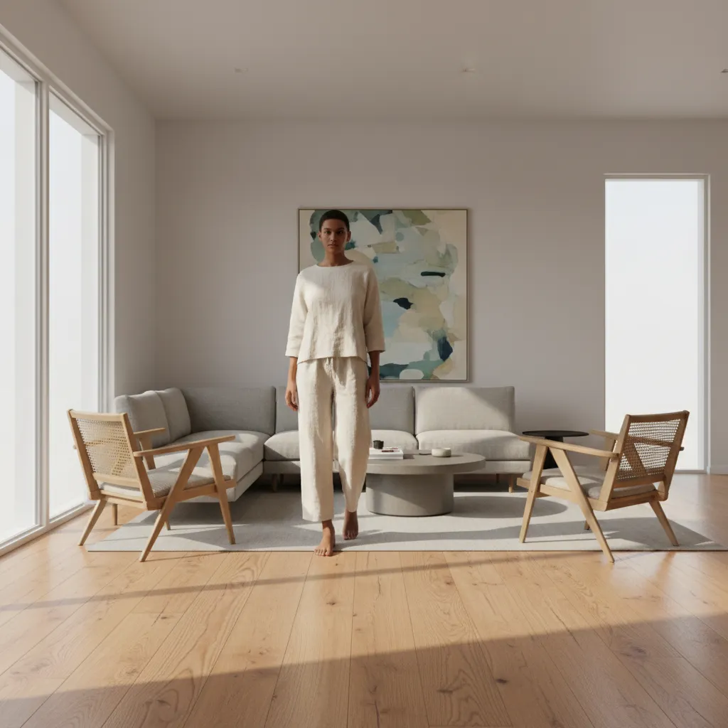 Barefoot person standing on hardwood floor in a bright living room