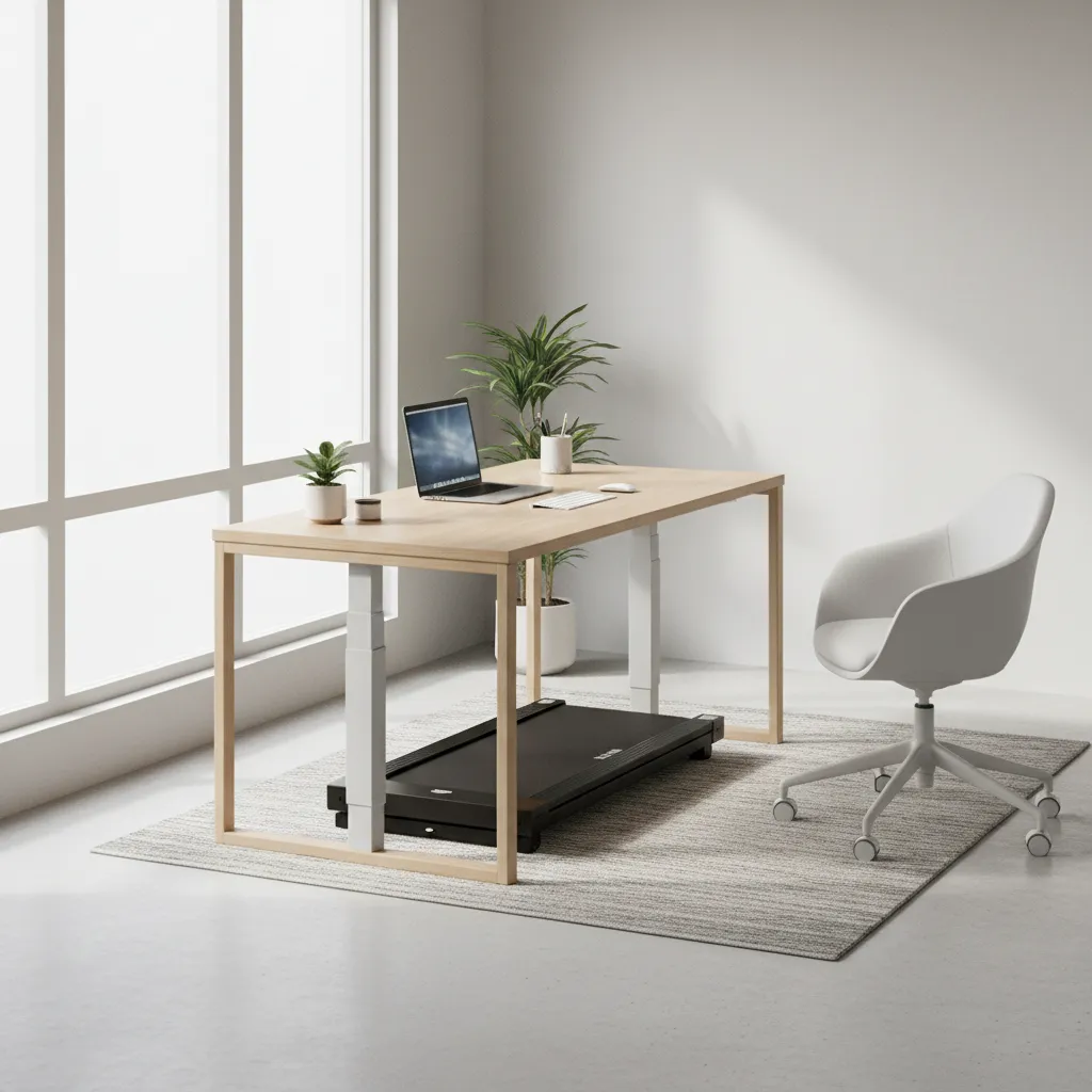 Walking treadmill under a standing desk in a small home office