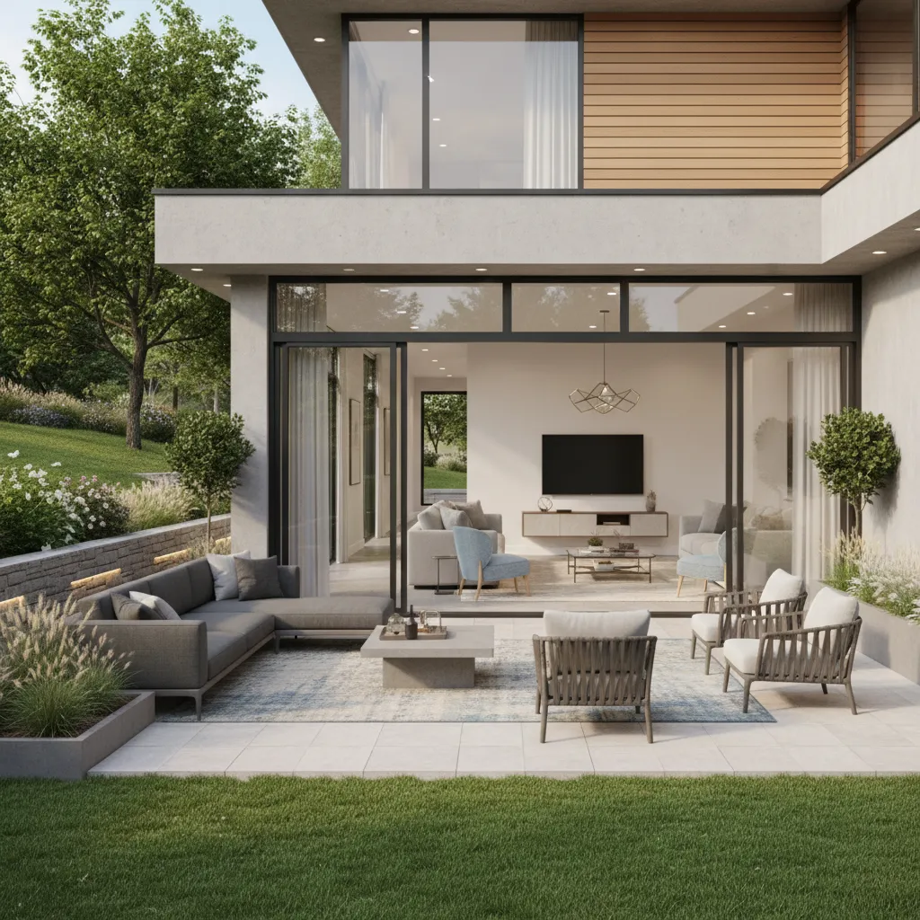 Walkout basement with large glass doors opening to backyard patio