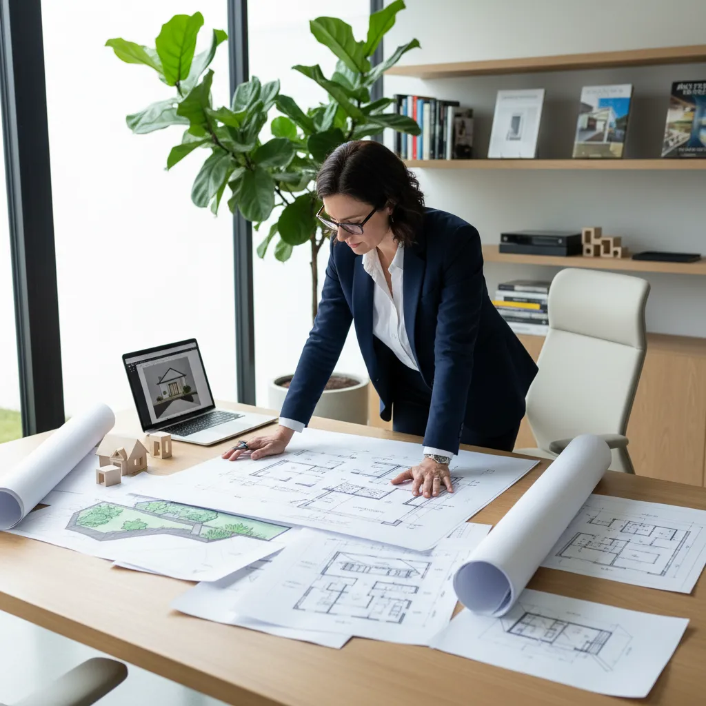 Architect reviewing walkout basement floor plan drawings on desk