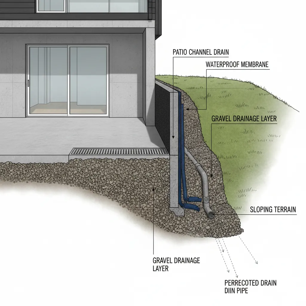 Drainage system around walkout basement patio and foundation