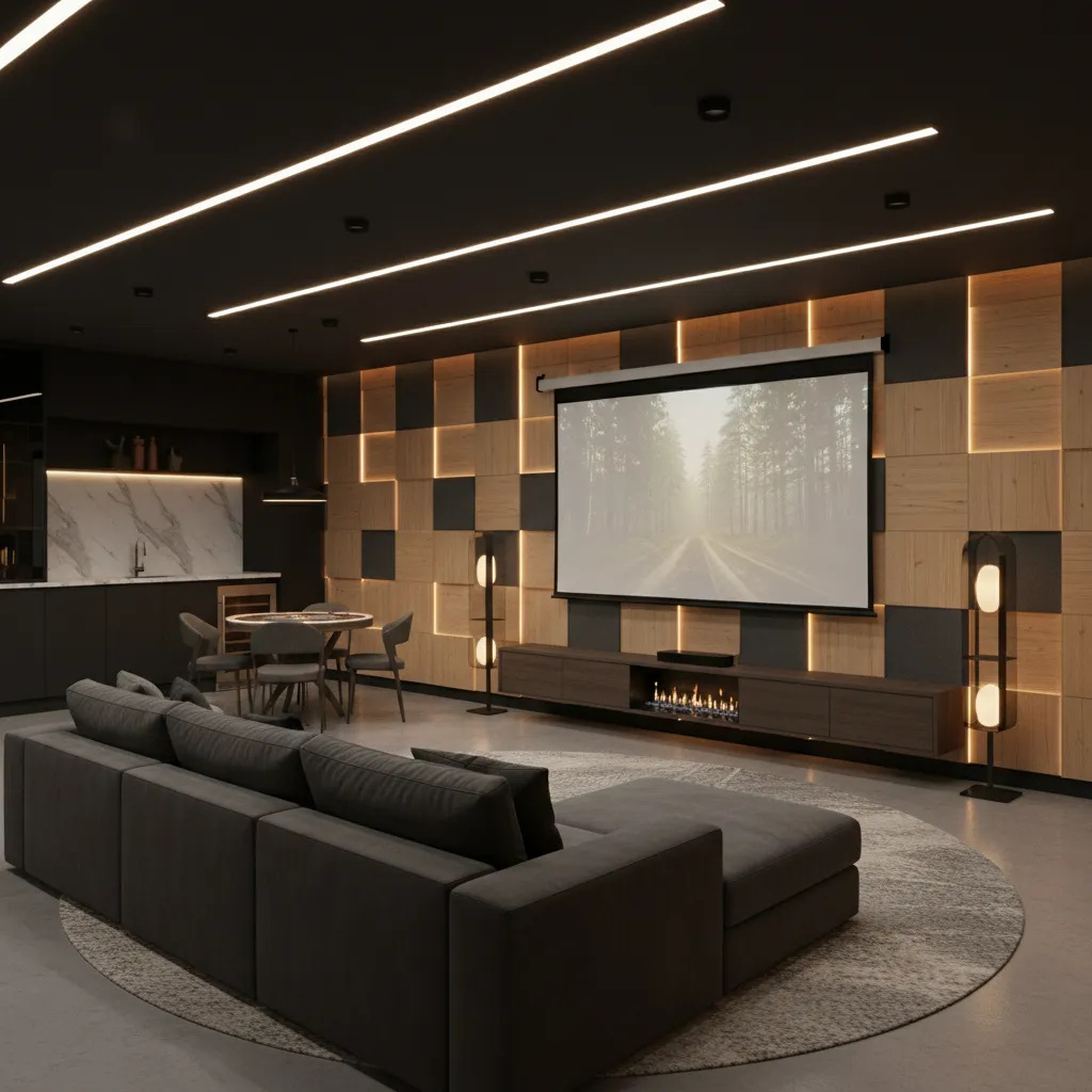 Modern walkout basement entertainment room with sectional seating and media wall