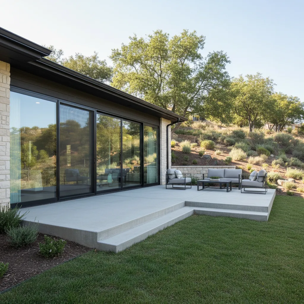 Walkout basement patio entrance connected to sloped backyard