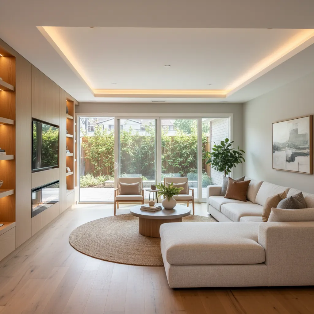 Finished walkout basement family room with large windows and seating area