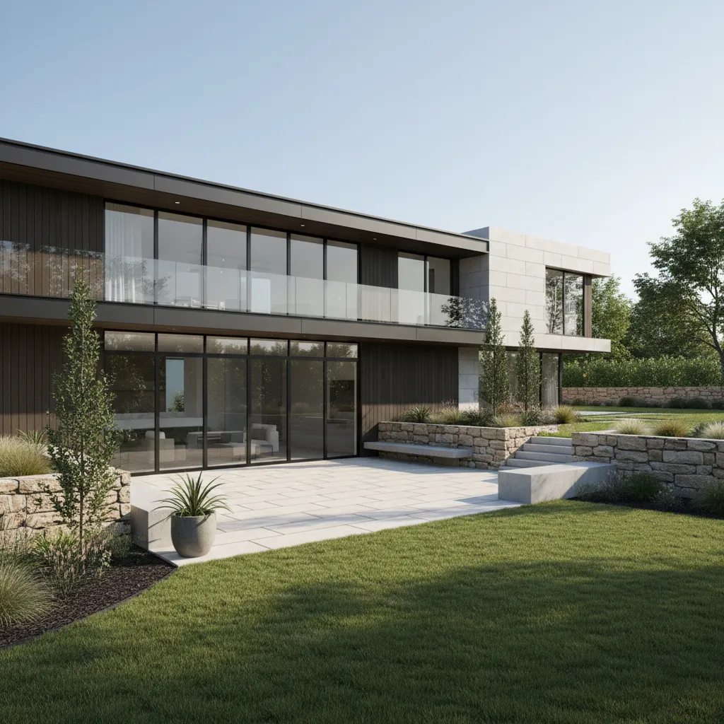 Rear exterior view of a house with walkout basement and patio doors