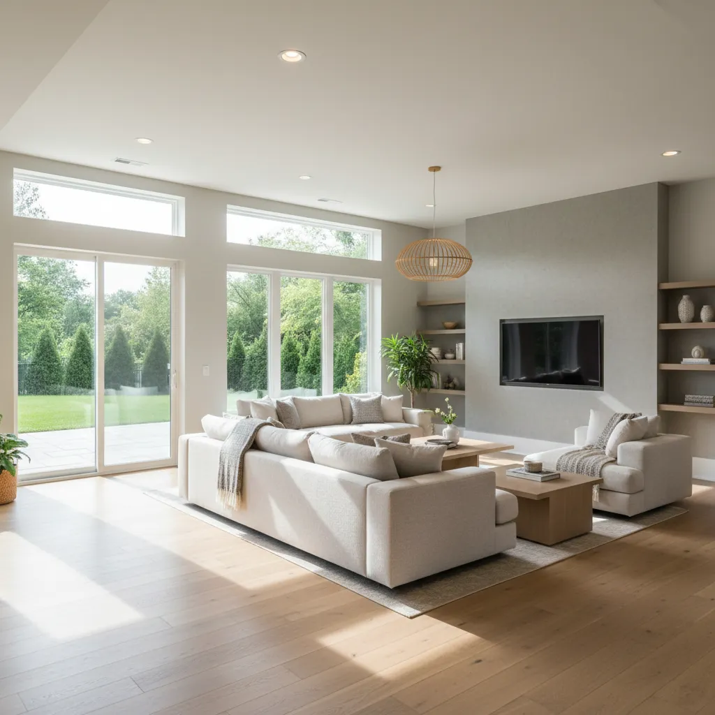 Walkout basement family room with large windows and daylight