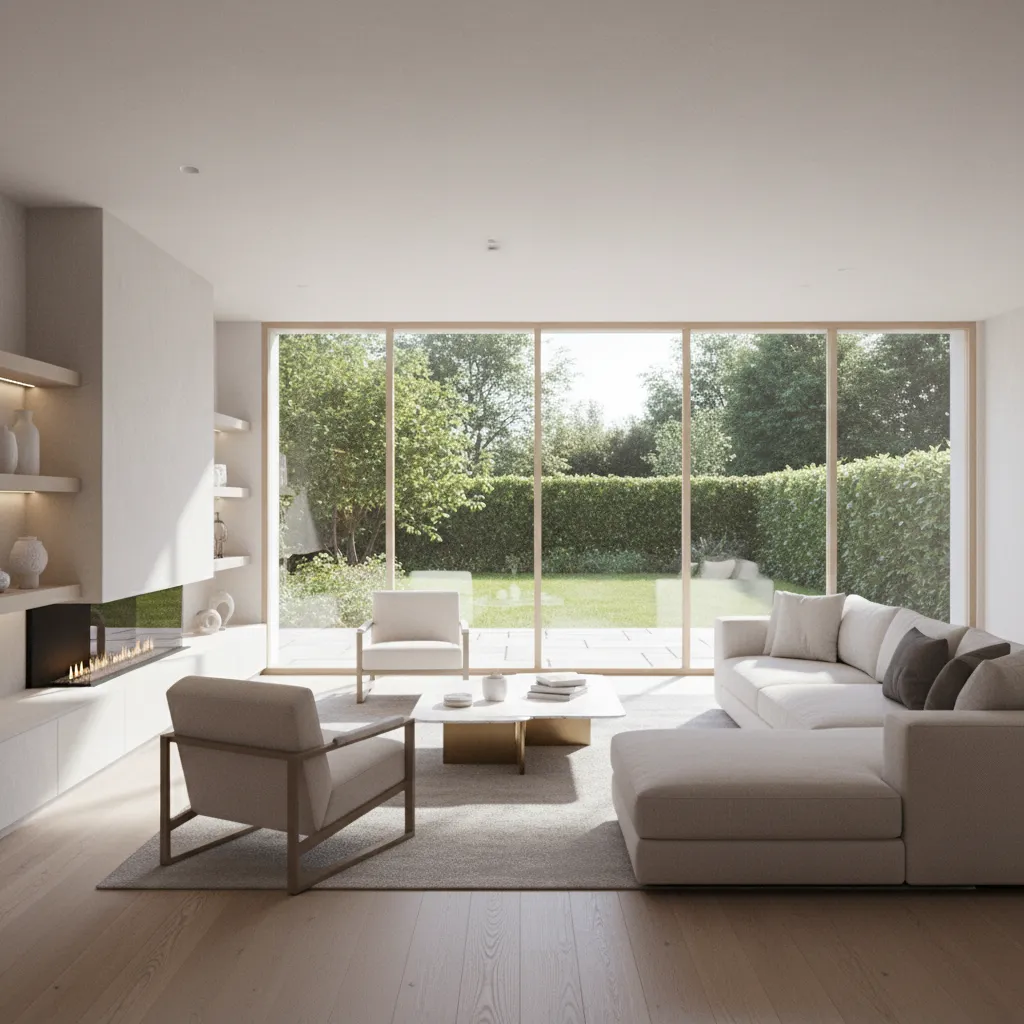 Bright walkout basement living room with large windows and patio doors