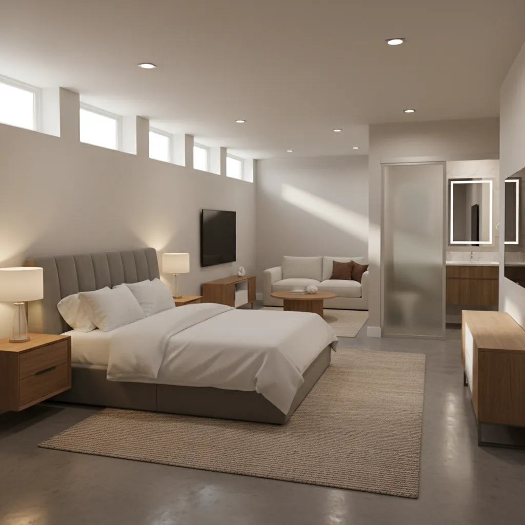 Comfortable multigenerational suite in a walkout basement with bedroom and seating