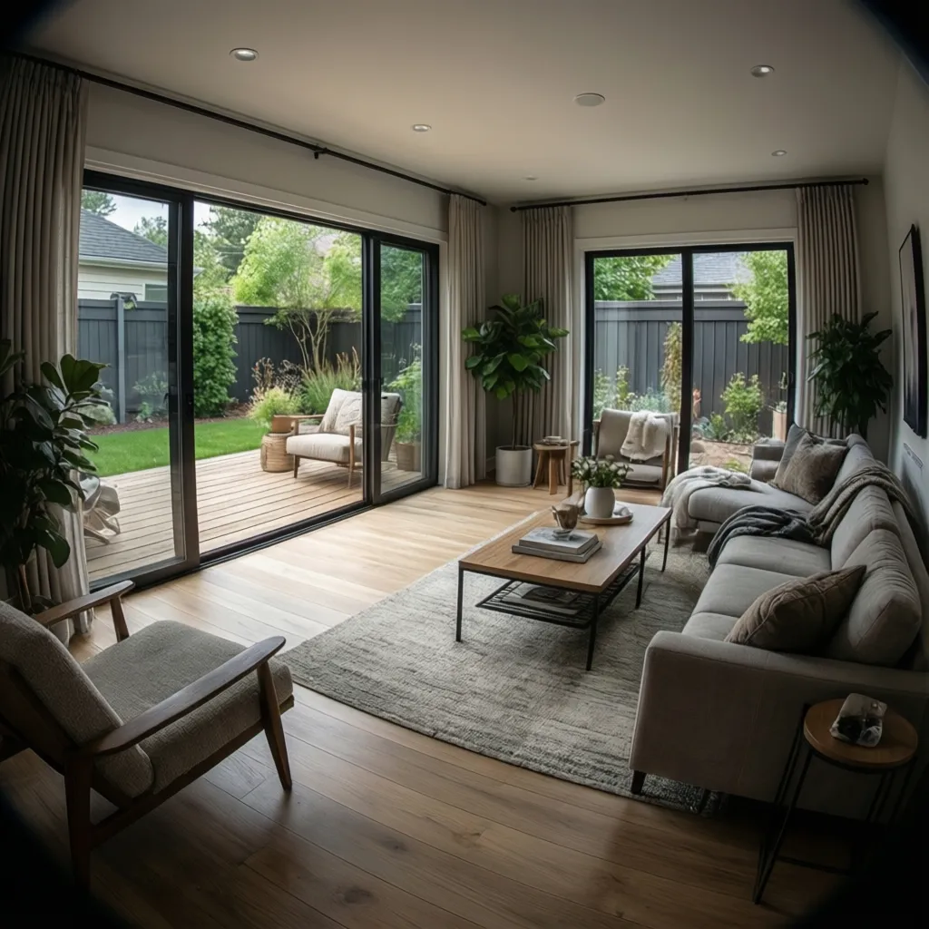 Bright walkout basement living room with large glass doors