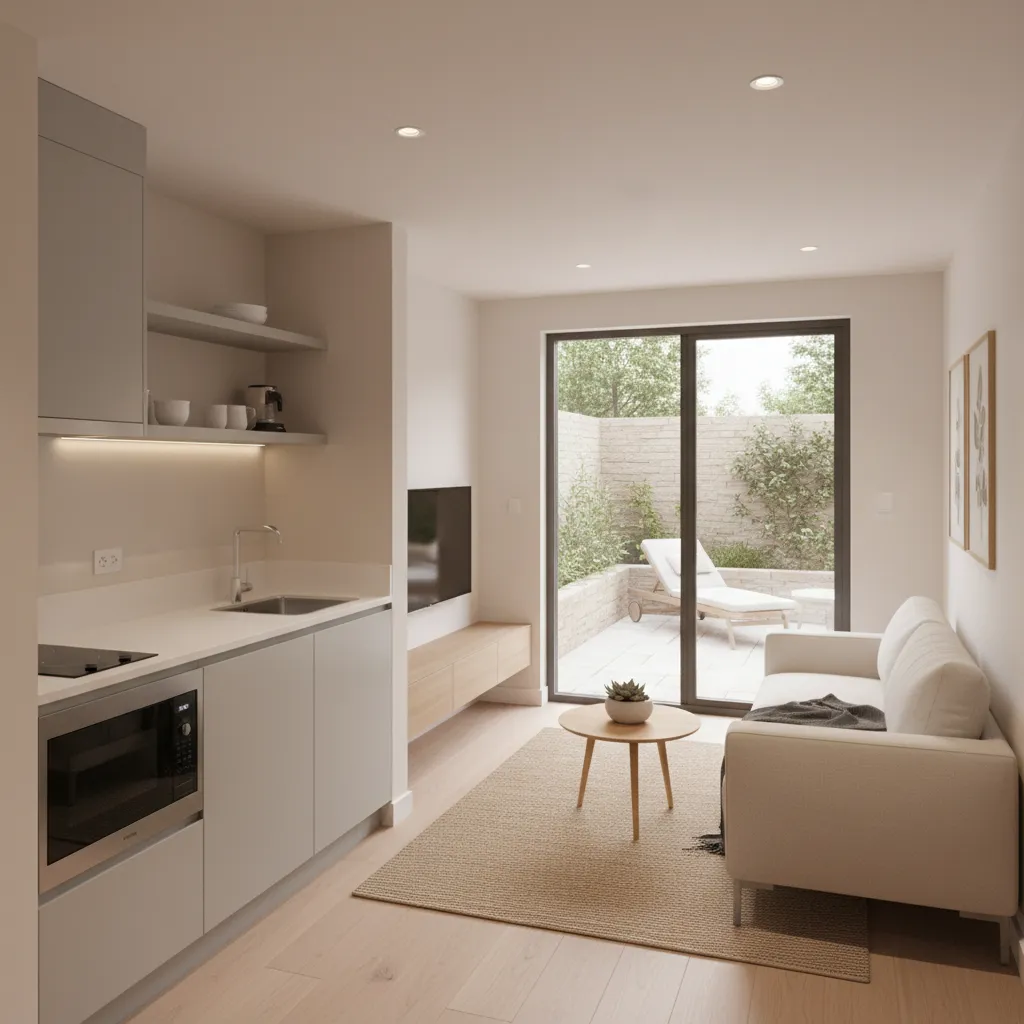 Walkout basement rental apartment with small kitchen and living area