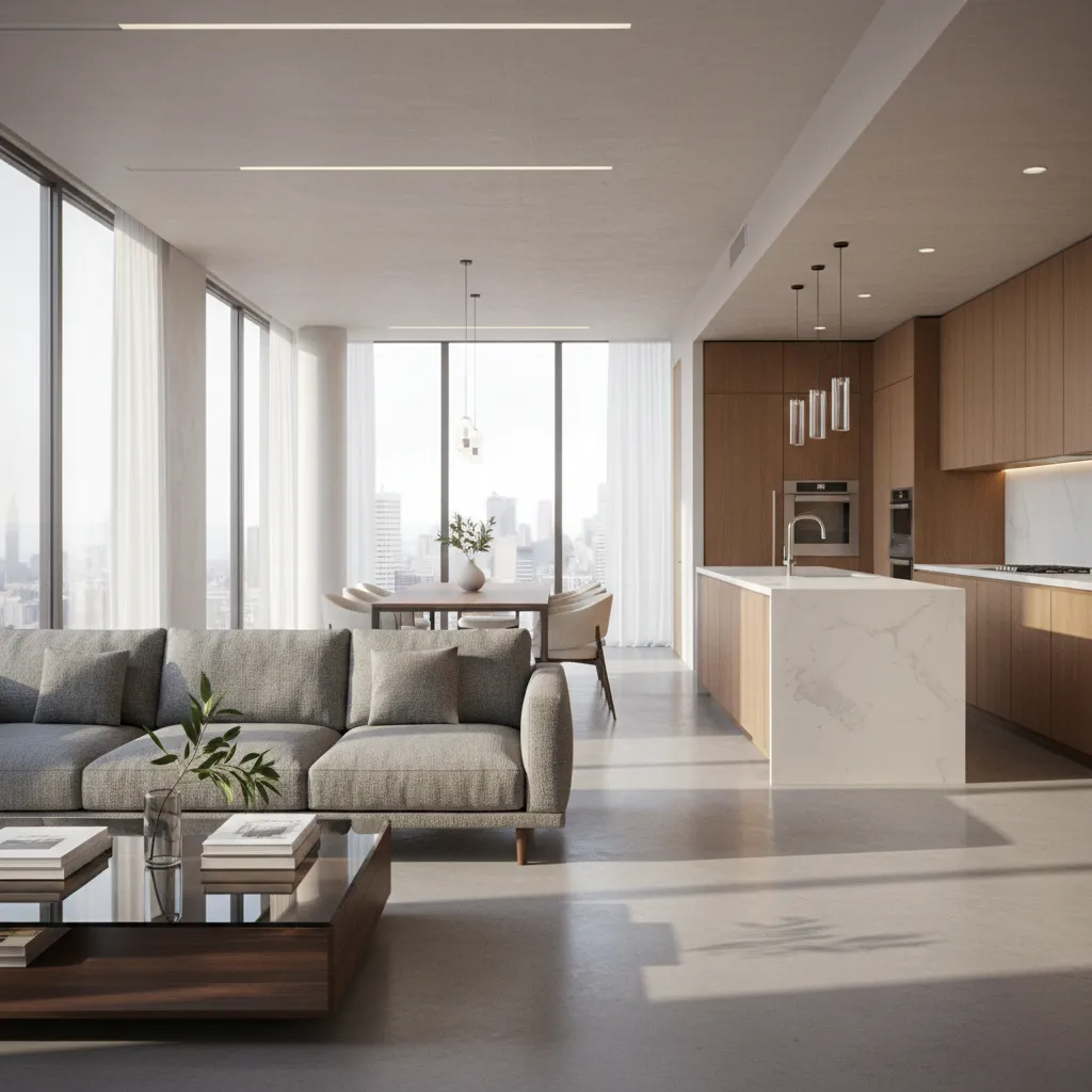 Modern open plan living room with grey sofa wooden cabinets and large city view windows