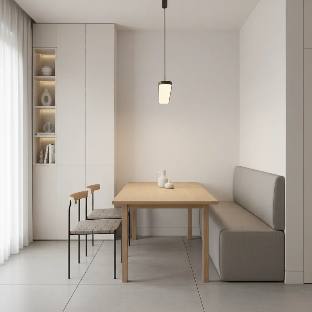 Wall aligned narrow dining table layout in a small dining room