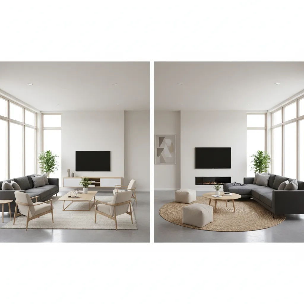 comparison of wall aligned sofa layout and floating sofa layout in square living room