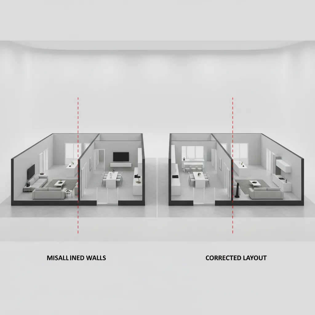 3D interior model highlighting misaligned walls and corrected structure