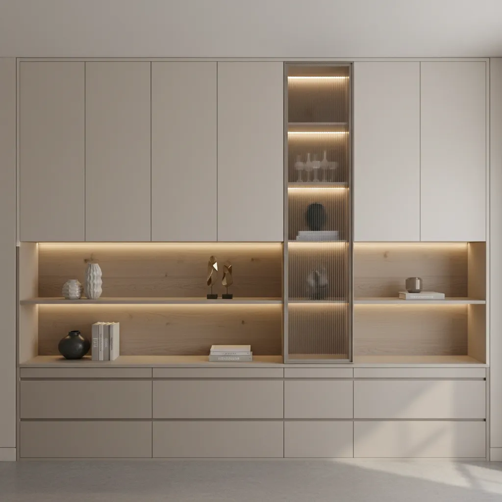 wall almirah showcase layout with display shelves and cabinets