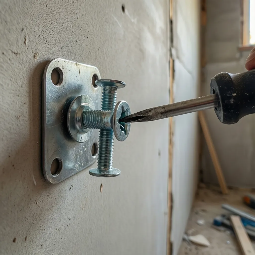 Close up of wall anchor installation for monitor wall bracket in drywall