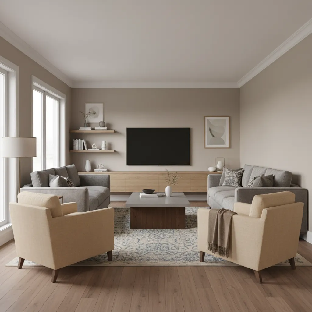 Traditional wall anchored living room furniture layout with sofa against wall