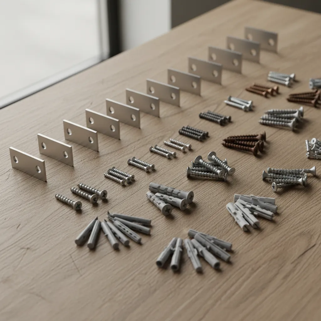 Steel brackets screws and wall anchors used for mounting a wall easel