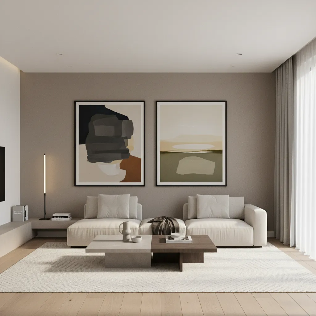 Two large frames with different artwork balanced visually on a wall