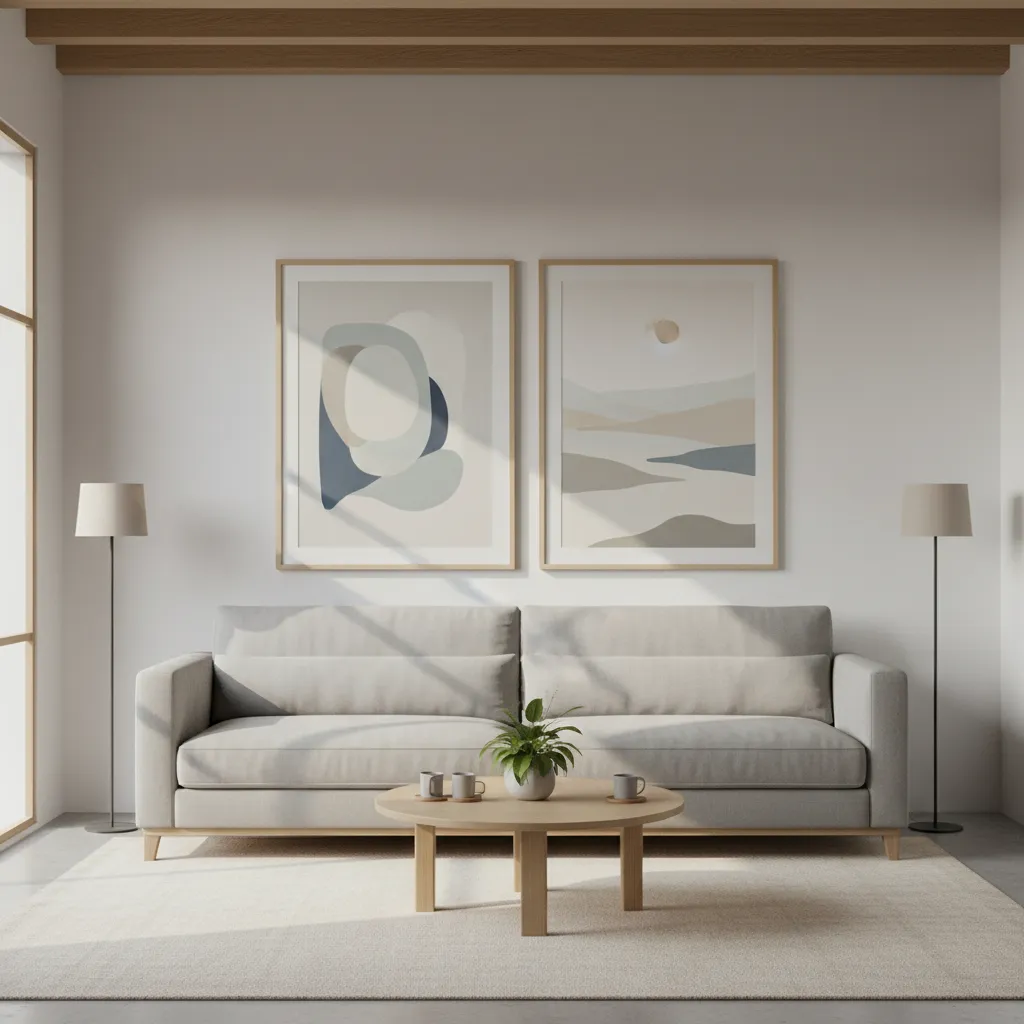 Two large pictures aligned correctly above a sofa at proper viewing height