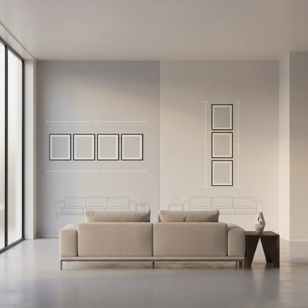 Interior layout diagram comparing horizontal and vertical wall art placement