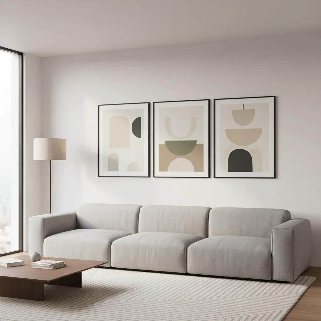Three frame wall art sized proportionally above a sofa