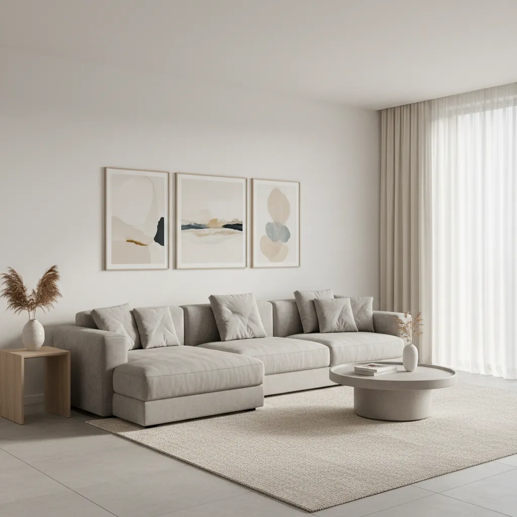 Three frame artwork scaled properly above sofa showing ideal wall proportions