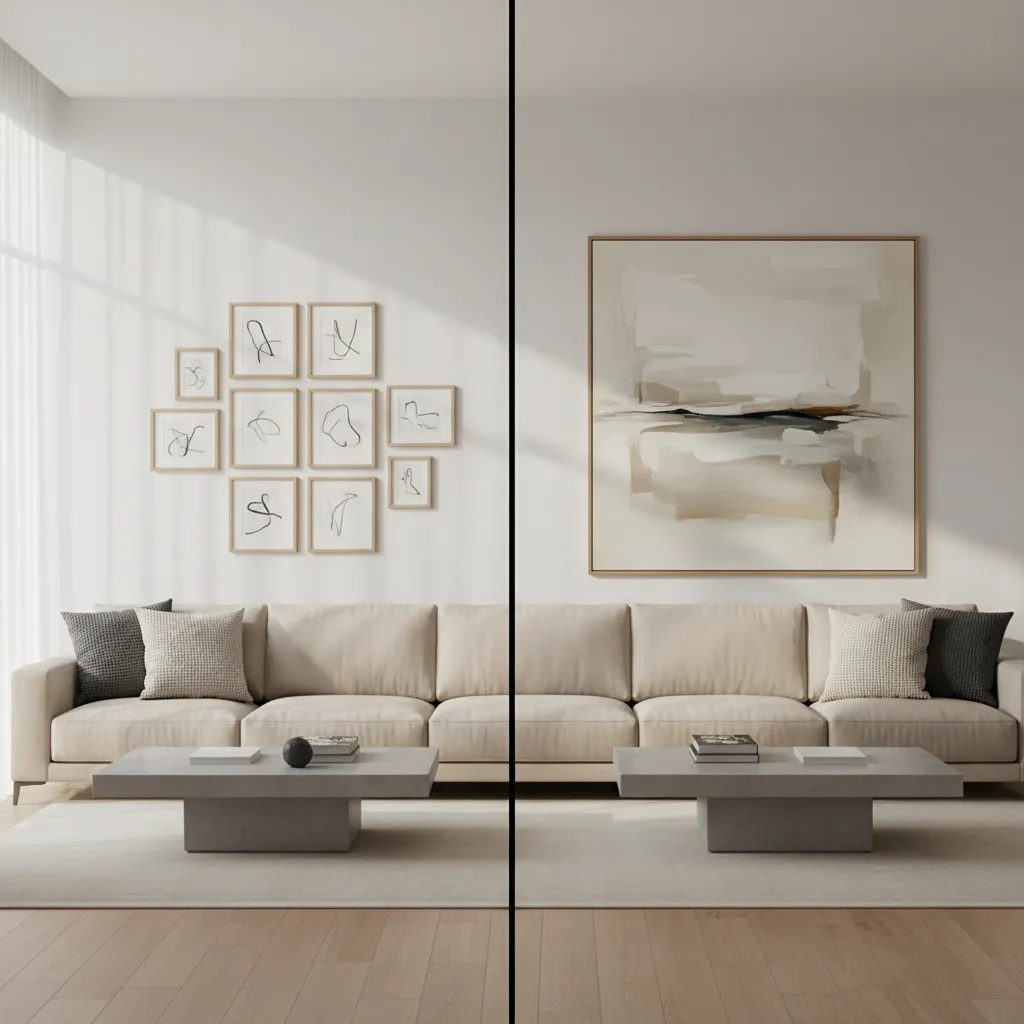 Comparison of small versus properly sized wall art above a sofa