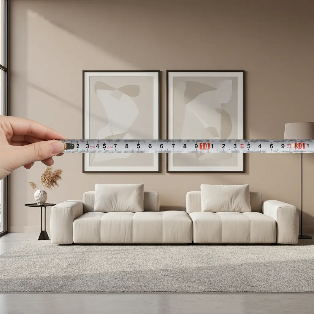 Interior designer measuring spacing between two framed artworks above a sofa