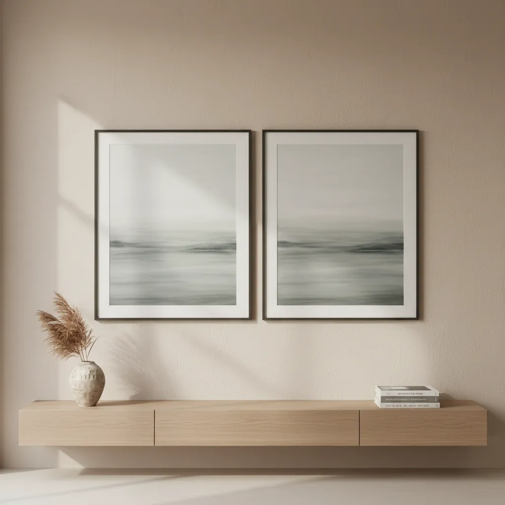 Interior wall showing spacing between two large frames above furniture
