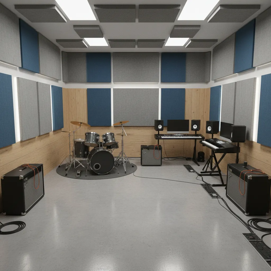 small rehearsal room with drum kit in corner and amplifiers along walls creating open center space