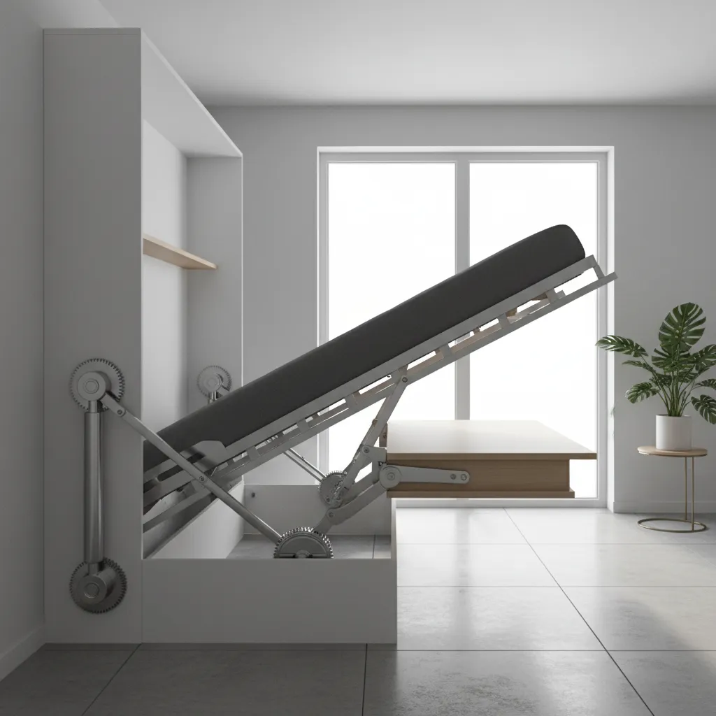 Modern wall bed showing metal lifting frame with gears and mattress in a bright room