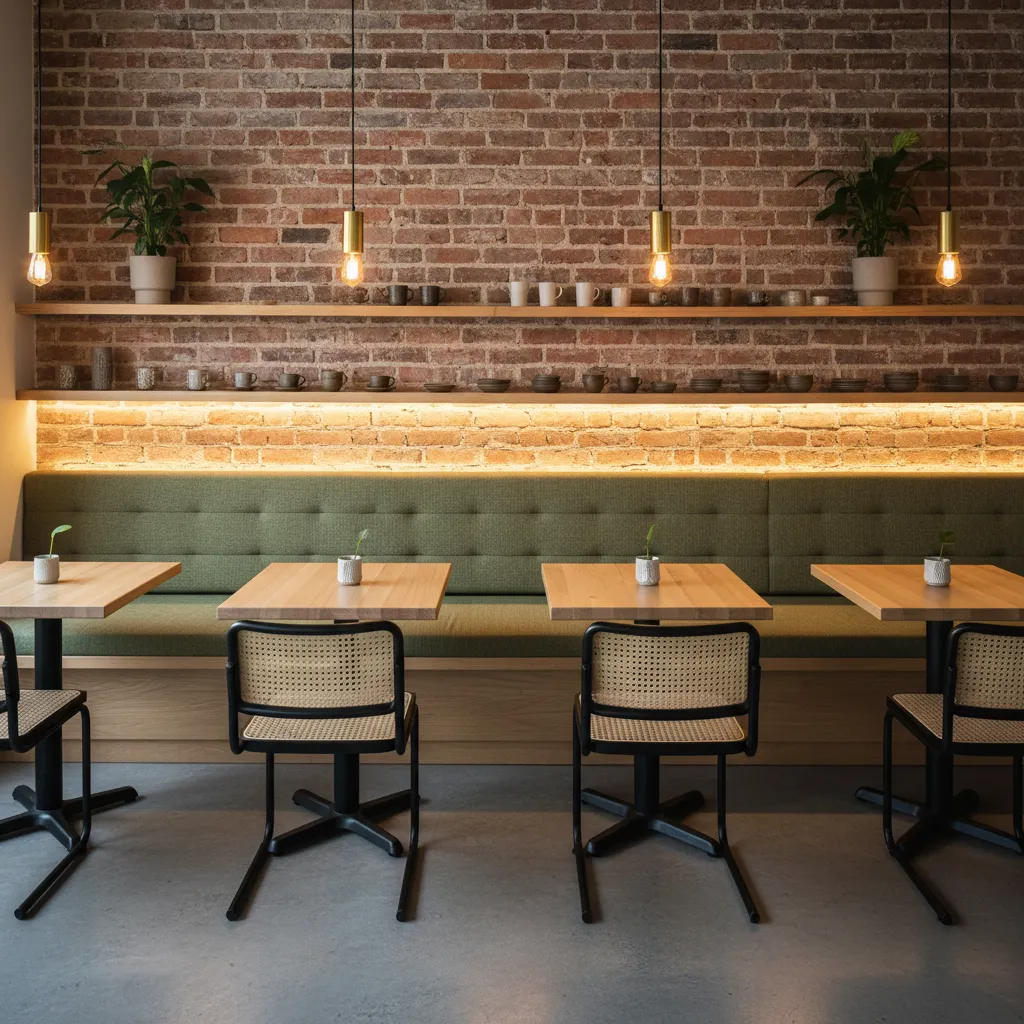 Restaurant area with brick wall green bench wooden tables rattan chairs and hanging light fixtures