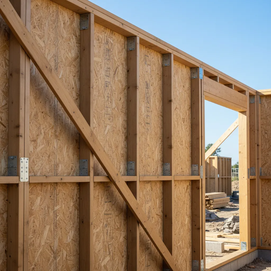 Wall bracing and shear panels installed in a lightweight timber frame house