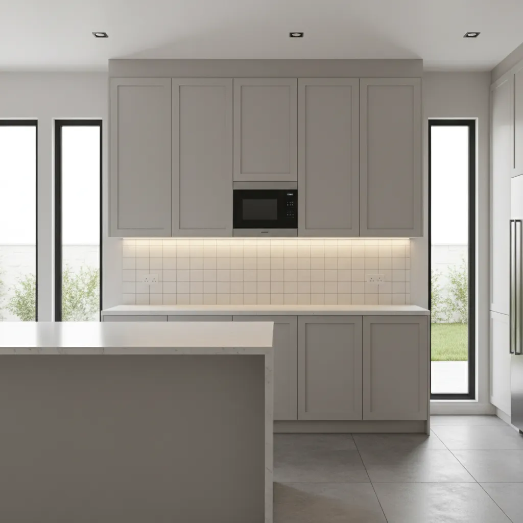 Kitchen wall cabinets showing standard heights and distance above countertop