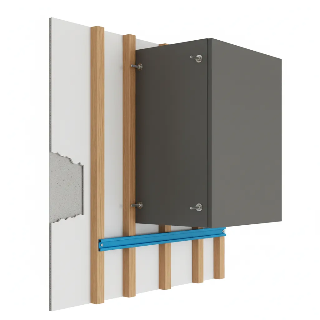 Kitchen wall cabinet secured with screws into wooden wall studs