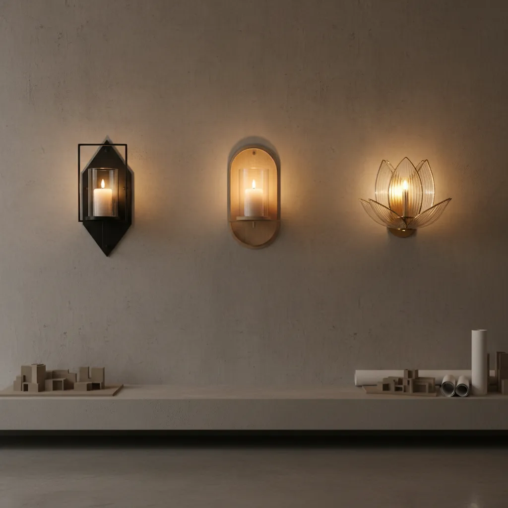 side by side display of metal wood and glass wall candle sconces