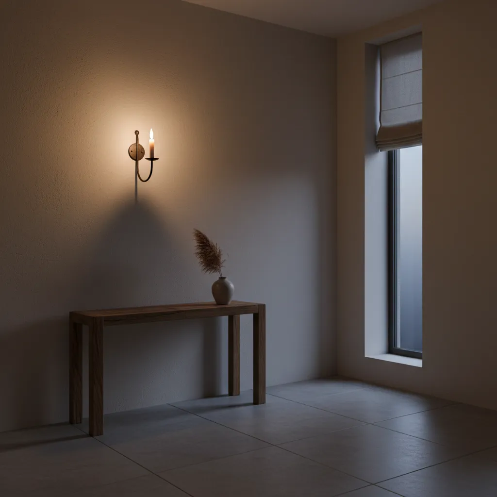 Wall candle sconce installed above a small console table in a compact room