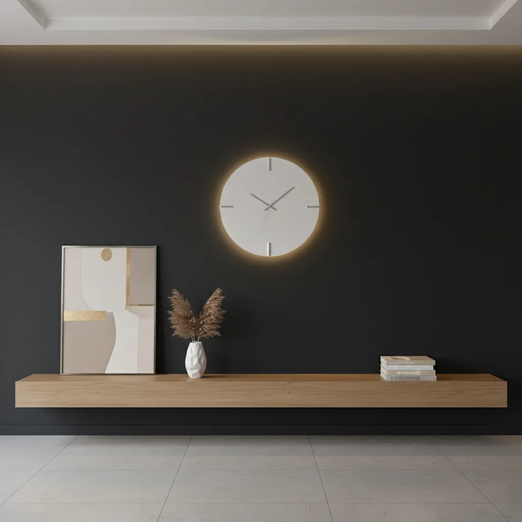Dark wall with light wall clock demonstrating strong visual contrast
