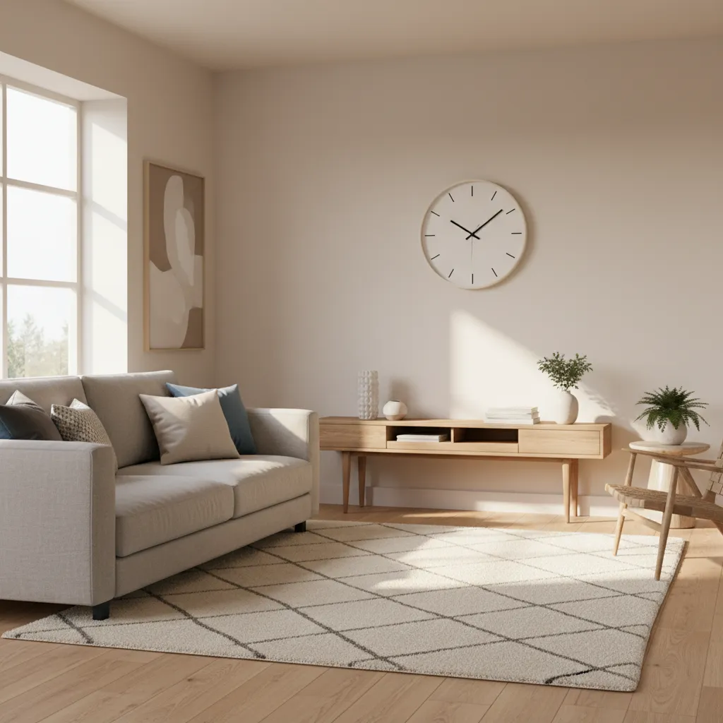 Living room showing wall clock positioned for clear visibility from sofa seating