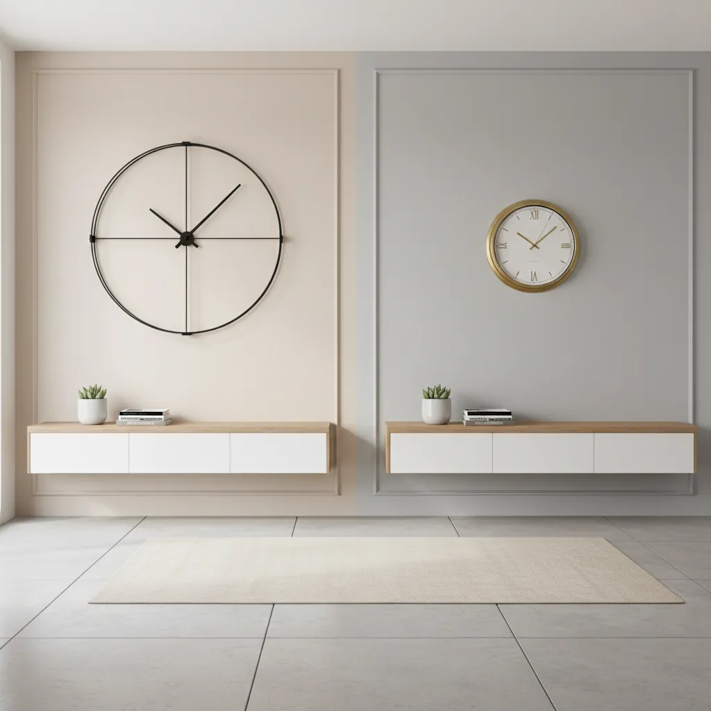 Comparison of small and large wall clocks relative to wall size