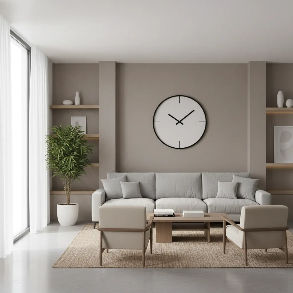 Living room showing clear sightline to wall clock from sofa seating area