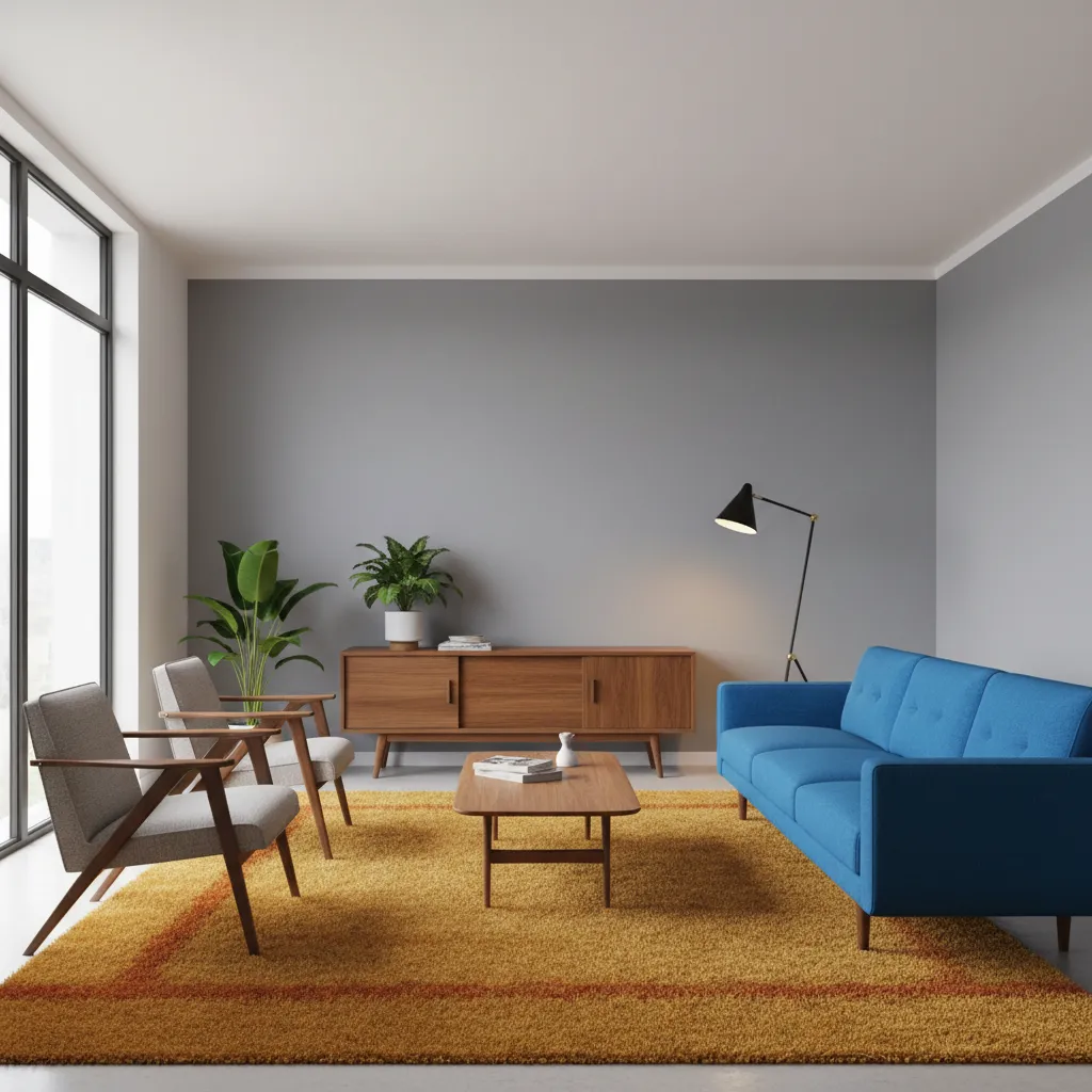 Example of cool gray wall clashing with walnut mid century furniture