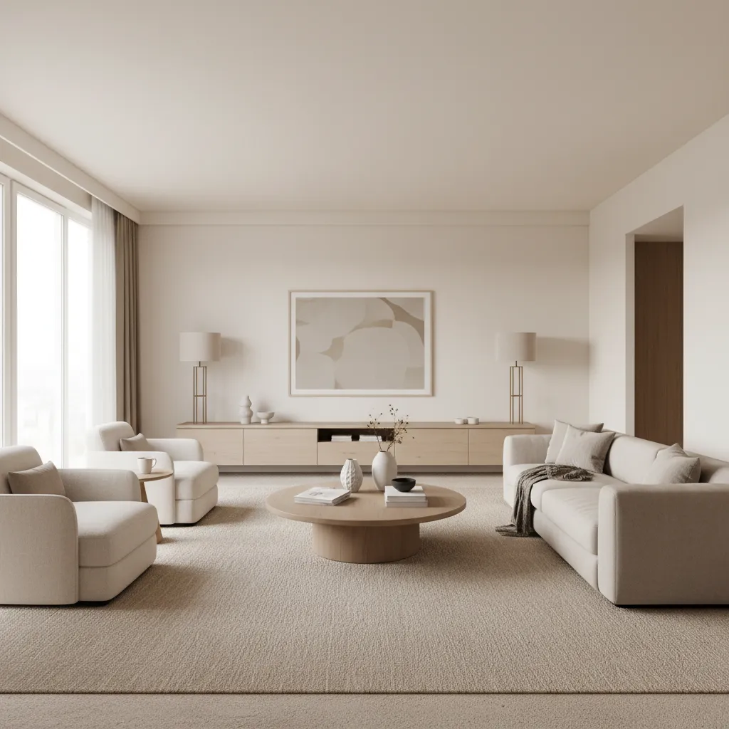 Living room comparison of warm cream walls and beige carpet interior design palette